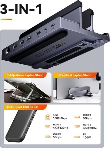 Laptop Docking Station Stand Dual 4K Monitor: QUUGE USB C Docking Station Dual Monitor for Laptop, 2 HDMI (Single 4K@120Hz), 2 USB3.0 Ports, 100W PD, RJ45 Ethernet, Universal Laptop Stand USB C Dock in Saudi Arabia