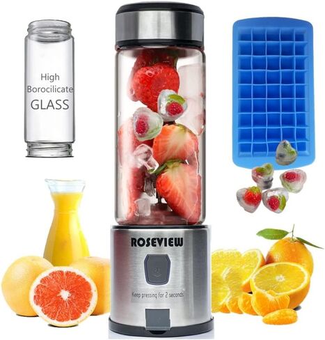 Portable Smoothie blender ROSEVIEW Glass bottle USB rechargeable mini Handheld Ice Shakes Cup 2 blend juicer Cordless Personal smoothies maker Fruit mixer (InoxSteel) in Saudi Arabia