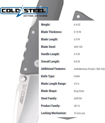 Cold Steel AD-10 Lite 3.5" AUS10A Steel Ultra-Sharp Blade 5.25" GFN Handle Tactical Folding Knife with Tri-Ad Locking Mechanism in Saudi Arabia