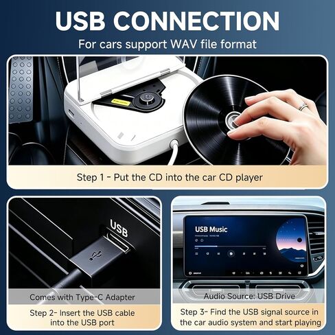 CD Player for Car,ASENCH Portable External Universal Car CD Player with USB/AUX Port,Anti-Skip,Extra USB Extension Cable,Plug & Play for Vehicle, Laptop, TV, Computer,Compatible with Android 4.4+ in Saudi Arabia