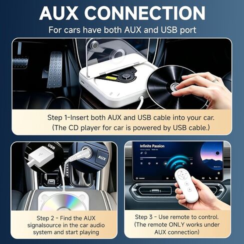 CD Player for Car,ASENCH Portable External Universal Car CD Player with USB/AUX Port,Anti-Skip,Extra USB Extension Cable,Plug & Play for Vehicle, Laptop, TV, Computer,Compatible with Android 4.4+ in Saudi Arabia