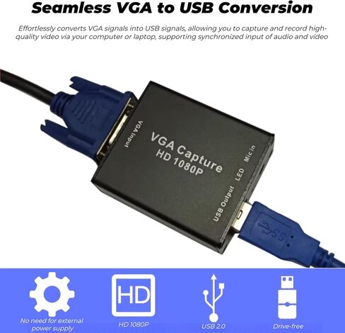 VGA Capture Card, VGA to USB Capture Device, VGA to USB2.0 Converter, HD 1080P Video Adapter with Mic Input, Drive-Free, Plug and Play, for Gaming, Streaming, Live Broadcast, Video Conference in Saudi Arabia