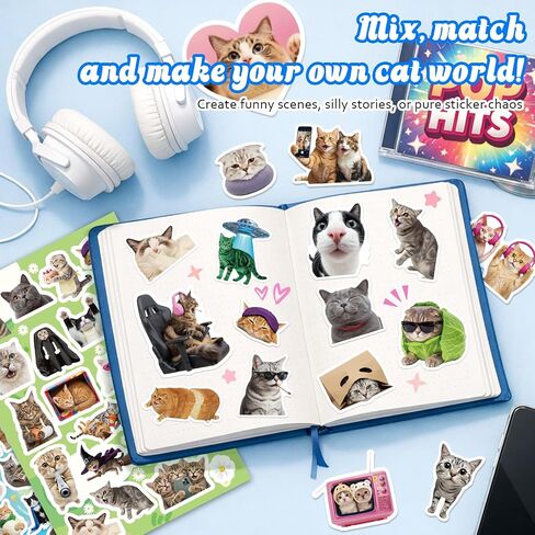 200 Funny Cat Meme Stickers – Cute Waterproof Vinyl Decals for Laptops, Guitars, Suitcases, and More, Perfect for Adults, Kids, Teens, Boys, and Girls in Saudi Arabia