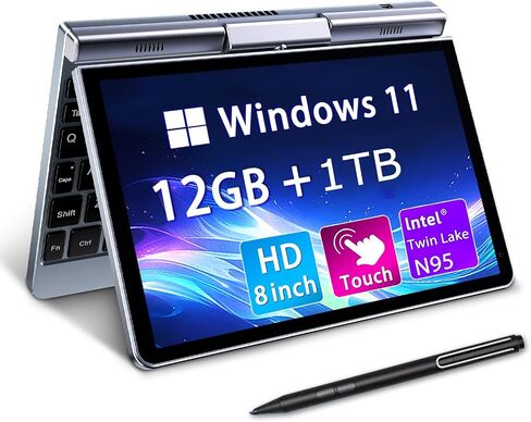 كمبيوتر محمول صغير 8 بوصات 2 في 1، كمبيوتر محمول ويندوز 11، Intel N95 (حتى 3.4 جيجا هرتز)، ذاكرة الوصول العشوائي 12 جيجا بايت 512 جيجا بايت SSD، شاشة لمس عالية الدقة، لوحة مفاتيح بإضاءة خلفية، واي فاي 6، USB-C، كمبيوتر محمول خفيف الوزن للعمل/الأطفال/المدر in Kuwait