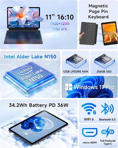11 inch 2-in-1 Laptops, Win 11 Touchscreen PC Compatible with Twin Lake N150, 12GB RAM 256GB SSD, 1920x1200 IPS FHD Tablet USB-C/HDMI WiFi 6 with Magnetic Keyboard and Kickstand in Saudi Arabia