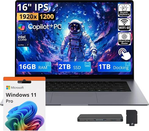 Samsung Galaxy Book6 Copilot+ PC Laptop, 16" FHD+ Touchscreen, Intel Ultra 7 355, 16GB LPDDR5X, 1.5TB Storage(512GB SSD+1TB Docking Station), Backlit Keyboard, Fingerprint Reader, Win 11 Pro, Gray in Saudi Arabia