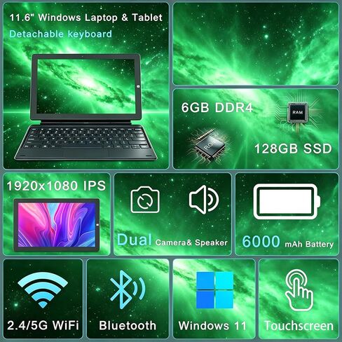 2 in 1 Laptop Windows Tablet, 11.6" Touchscreen Tablets with Keyboard, 6GB RAM 128GB SSD, 2.7GHz, WiFi-2.4G/5G, BT4.2/HDMI/USB3.0/Dual Camera/SD Card Slot in Saudi Arabia