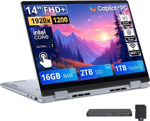 كمبيوتر محمول Dell Plus مقاس 14 بوصة 2 في 1 FHD+ بشاشة تعمل باللمس، Intel Ultra 7 256V، ذاكرة الوصول العشوائي 16 جيجابايت، تخزين 2 تيرابايت (1 تيرابايت SSD + مجموعة قاعدة إرساء 1 تيرابايت)، مساعد طيار، لوحة مفاتيح بإضاءة خلفية، قارئ بصمات الأصابع، واي فاي in Kuwait