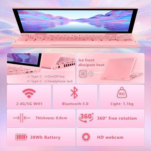 10.95" 2K Touchscreen 2-in-1 Rose Gold Laptop for School & Office in Kuwait