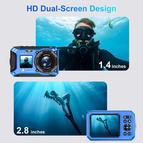 4K Underwater Camera 64MP 33FT Waterproof, 32GB Card Dual-Screen Dustproof in Saudi Arabia