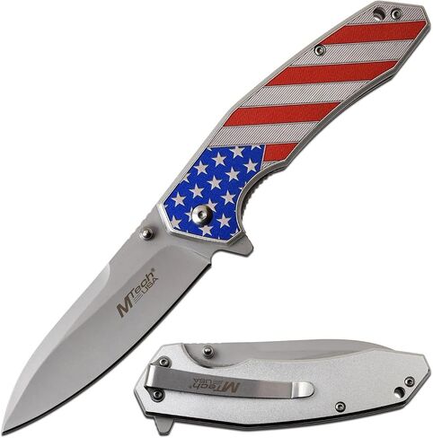 MTech USA MT-A1024A Spring Assist Folding Knife, Satin Silver Straight Edge Blade, American Flag Handle, 4.5-Inch Closed in Kuwait
