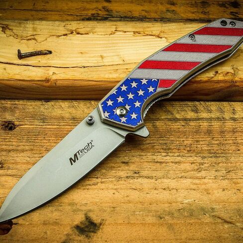 MTech USA MT-A1024A Spring Assist Folding Knife, Satin Silver Straight Edge Blade, American Flag Handle, 4.5-Inch Closed in Kuwait