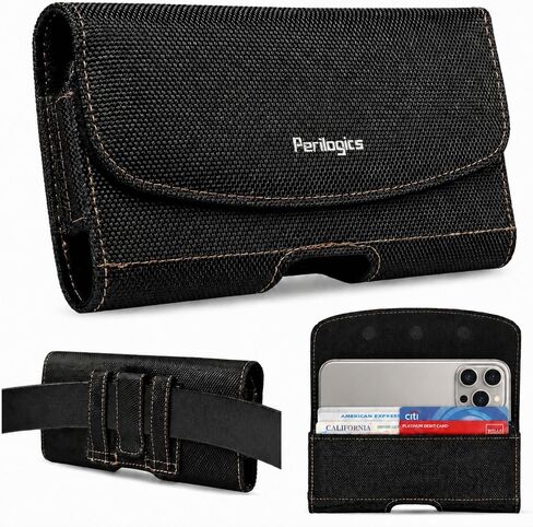 Perilogics Horizontal Nylon Belt Holster for iPhone 17 Pro Max, 16 Pro Max, 16 Plus and Other Pro Max/Plus Models with Case, Magnetic Cover, Chestnut Stitching, Belt Loops, and ID Slot in Saudi Arabia