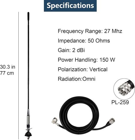 27MHz CB Radio Whip Antenna Kit w/ 16 ft Cable Heavy-Duty Spring Base Side Top Hole & Mirror Mount Replacement Universal Antenna Accessories for Truck Car RV SUV Pickup Handheld CB Radio in Saudi Arabia