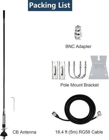 27MHz CB Radio Whip Antenna Kit w/ 16 ft Cable Heavy-Duty Spring Base Side Top Hole & Mirror Mount Replacement Universal Antenna Accessories for Truck Car RV SUV Pickup Handheld CB Radio in Saudi Arabia
