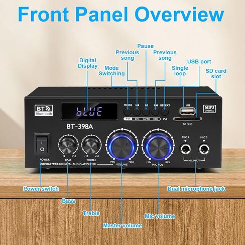 Romica Stereo Audio Amplifier, 2 Channel 450W Bluetooth 5.0 Home Audio Stereo Receiver with FM Radio, USB, SD, Optical & Coaxial Inputs, Amplifier for Passive Speakers and Active subwoofer in Saudi Arabia