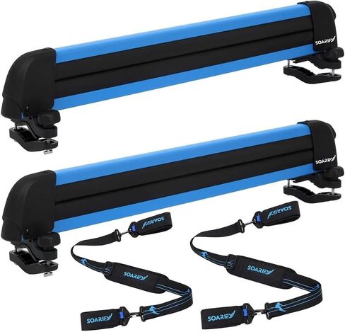 Blue Ski Rack with 2 Pcs ski strap carrier, Roof Holder Carrier for Skis, Snowboards, Fishing Rods, Paddles, Skateboards, Wakeboard, Universal Mounting, Locking, Heavy Duty in Kuwait
