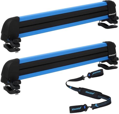 Blue Ski Rack with 2 Pcs ski strap carrier, Roof Holder Carrier for Skis, Snowboards, Fishing Rods, Paddles, Skateboards, Wakeboard, Universal Mounting, Locking, Heavy Duty in Kuwait