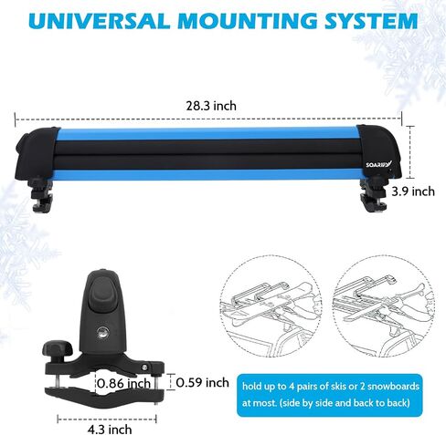 Blue Ski Rack with 2 Pcs ski strap carrier, Roof Holder Carrier for Skis, Snowboards, Fishing Rods, Paddles, Skateboards, Wakeboard, Universal Mounting, Locking, Heavy Duty in Kuwait