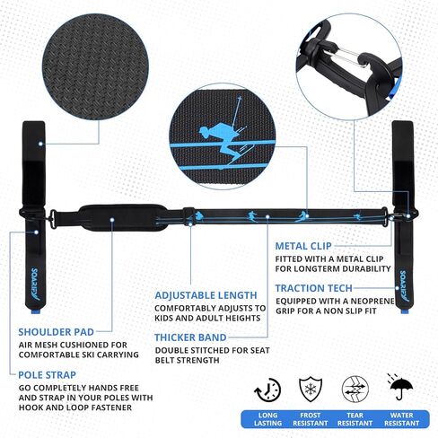 Blue Ski Rack with 2 Pcs ski strap carrier, Roof Holder Carrier for Skis, Snowboards, Fishing Rods, Paddles, Skateboards, Wakeboard, Universal Mounting, Locking, Heavy Duty in Kuwait