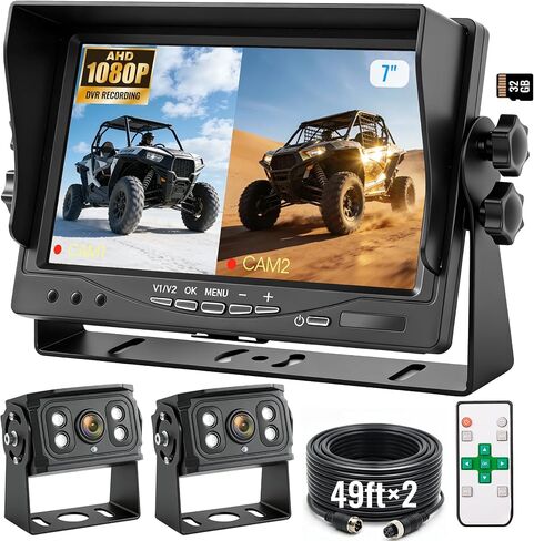 7" 2-Wired Backup Camera System, DVR Dual Screen Rear View Camera, IP69 Waterproof IR Night Vision, 20G Vibration-Proof for Trailer/RV/Tractor/Truck/Combine/Skid Steer/Heavy Equipment/UTV, Y1 in Kuwait