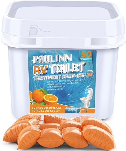 PAULINN RV Toilet Treatment Drop Ins, 50 Packs Septic Tank Treatment Pods Holding Tank Deodorizer for RV Black & Grey Water Tank Camper Marine Boat Camping, Orange in Kuwait