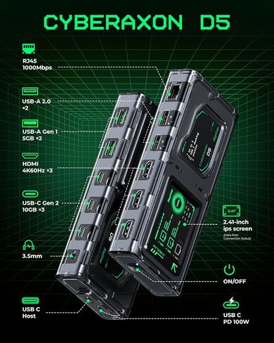 GIISSMO CyberAxon D5 13-in-1 Laptop Docking Station Dock - USB C Docking Station with 2.4" Touchscreen, 3X HDMI (4K@60Hz), 100W PD, 10Gbps USB-C, Ethernet, for Mac/Windows/iPad in Saudi Arabia