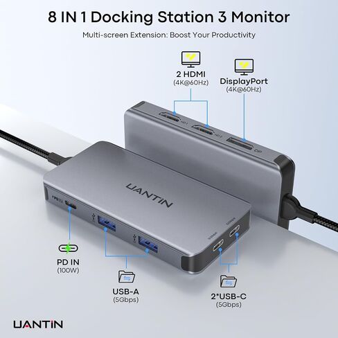 UANTIN Laptop Docking Station 3 Monitors, 8-in-1 USB C Dock with 2 HDMI, DP in Saudi Arabia