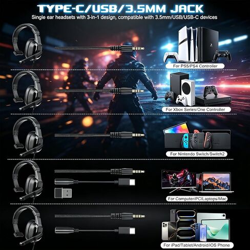 سماعة أذن سلكية مع ميكروفون لجهاز PS5|PS4|Xbox|Switch|الكمبيوتر الشخصي|الكمبيوتر المحمول|Mac، مقبس USB/Type-C/3.5 ملم 3 في 1 سماعة أذن واحدة مع ميكروفون/تحكم في مستوى الصوت للألعاب والمكتب واجتماعات فريق العمل والدردشة in Kuwait