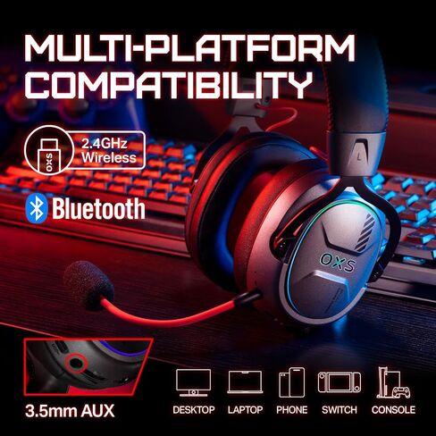 OXS Storm G2 Wireless Gaming Headsets, 7.1 Virtual Surround Sound, 3 EQ Modes, 2.4G Low Latency, 50mm Driver, 40H Playtime, RGB Light, Bluetooth 5.3, Compatible with PC, Console, Mobile, Black in Saudi Arabia