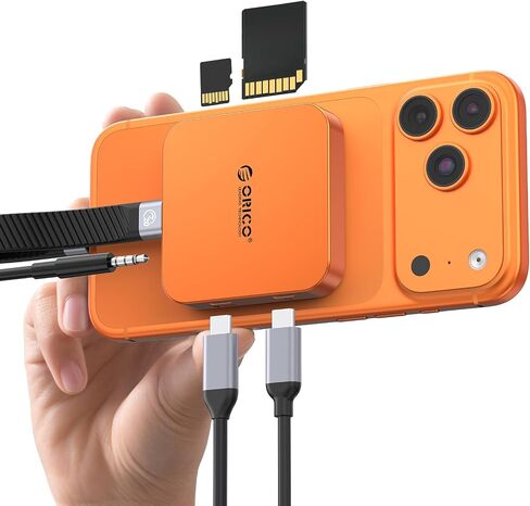 قارئ بطاقة SD مغناطيسي رفيع للغاية من ORICO لهاتف iPhone 17/16/15 Series/iPad/MacBook، محول كاميرا USB C مع SD/TF 3.0 Solt، 5 جيجابت في الثانية USB-A، 3.5 مم AUX، 100 وات PD Pass-Through in Kuwait