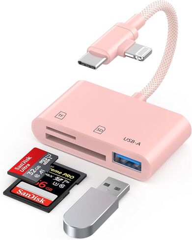 Pink 3 in 1 SD Card Adapter for iPhone, USB-C & Lightning, SD/TF/USB-A in Saudi Arabia