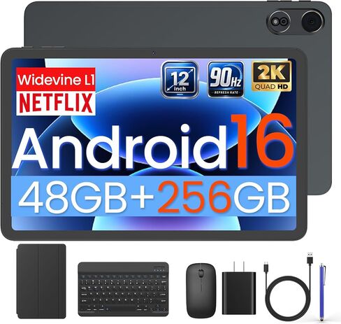 ECOPAD Android 16 Tablet with Keyboard/Mouse/Stylus, 12 Inch Tablets, Black in Saudi Arabia