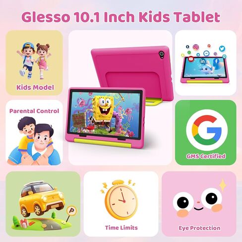 تابلت Gleeso Android 16 للأطفال، ذاكرة وصول عشوائي 24 جيجابايت وذاكرة قراءة فقط 64 جيجابايت للأطفال الصغار، بطارية 6000 مللي أمبير في الساعة، مراقبة الوالدين، وضع الأطفال، معتمد من GMS، تابلت للأطفال 10 بوصة مع حافظة، كاميرا مزدوجة، هدية، وردي in Kuwait