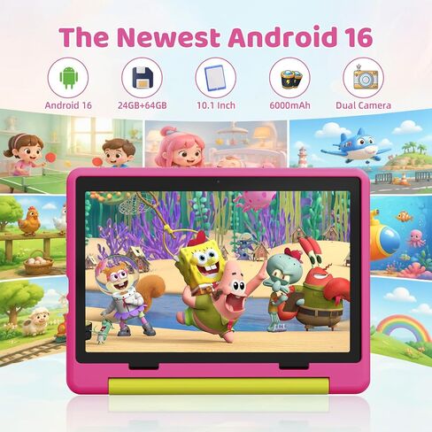 تابلت Gleeso Android 16 للأطفال، ذاكرة وصول عشوائي 24 جيجابايت وذاكرة قراءة فقط 64 جيجابايت للأطفال الصغار، بطارية 6000 مللي أمبير في الساعة، مراقبة الوالدين، وضع الأطفال، معتمد من GMS، تابلت للأطفال 10 بوصة مع حافظة، كاميرا مزدوجة، هدية، وردي in Kuwait