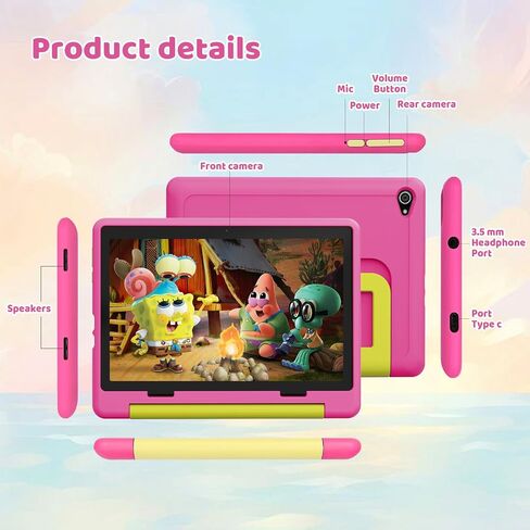 تابلت Gleeso Android 16 للأطفال، ذاكرة وصول عشوائي 24 جيجابايت وذاكرة قراءة فقط 64 جيجابايت للأطفال الصغار، بطارية 6000 مللي أمبير في الساعة، مراقبة الوالدين، وضع الأطفال، معتمد من GMS، تابلت للأطفال 10 بوصة مع حافظة، كاميرا مزدوجة، هدية، وردي in Kuwait