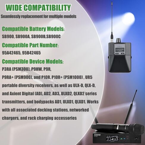 SB900 Replacement Battery for Shure SB900C SB900B SB900B-A SB900A SB900A-IN, Compatible with P3RA P9RA+ P10R+ ULX-D QLX-D AD Series AD1 AD2 PSM300 PSM900 PSM1000 ULXD1 ULXD2 UR5 95A42465, 3.7V 1800mAh in Kuwait