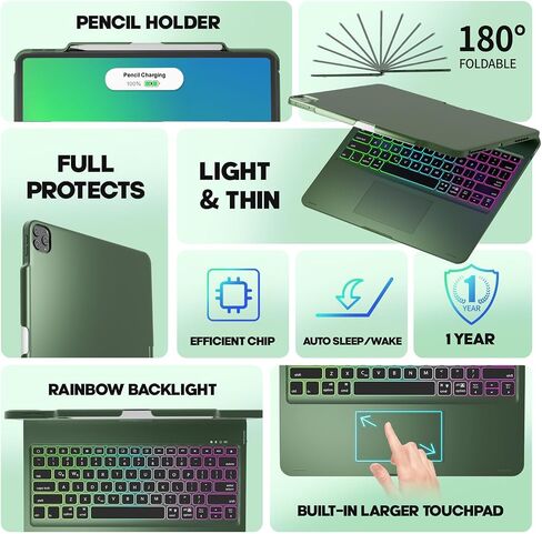 NOKBABO Trackpad Keyboard Case for iPad Pro 13 inch (M5/2025, M4/2024), iPad Air 13" (M4/M3/M2) & iPad Pro 12.9 6th/5th/4th/3rd, 360° Rotatable, Rainbow Backlit, Pencil Holder - Midnight Green in Saudi Arabia