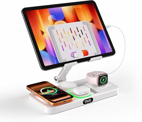 Magnetic Charging Station for Apple Multiple Devices, Wireless Charger with Clock & Light, Foldable Wired Charging Stand for iPad/Tab, Mag-Safe Charger for iPhone 17, for Apple Watch for AirPods in Saudi Arabia