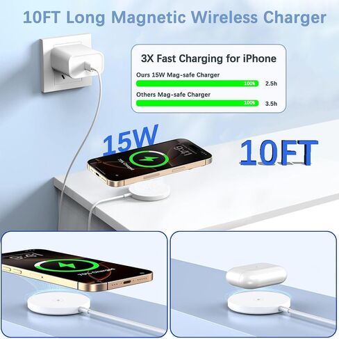 【Apple MFi Certified】Magnetic Wireless Charger,2Pack 10FT Apple Mag-safe Charger,Fast MagSafe Charging Wireless iPhone Charge Pad USB C Block Adapter for iPhone 17 Pro Max/17e/Air/16/15/14/13,Air-Pods in Kuwait