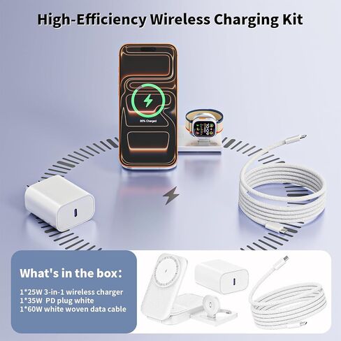 [Apple MFi Certified]Magnetic Charger 3 in 1 Charging Station,25W Wireless Foldable Mag-Safe Charger 6FT USB-C Cable Wireless iPhone Charging Station Compatible with iPhone 17/16/15/14/13/12 Pro/Plus in Saudi Arabia