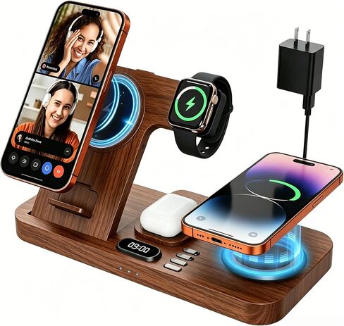 Dual Phone Magnetic Wireless Charging Station for Apple Devices, 7-Color Auto Light & 12H Clock, Multi-Device Charger for iPhone 17/16/15, for iWatch 11/10/9 & AirPods Pro3(Wood in Saudi Arabia
