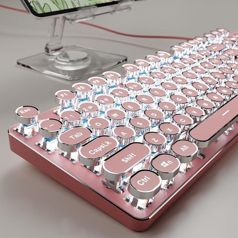 SEUNKWANG Typewriter Style Mechanical Gaming Keyboard with White Backlit, Wired Retro Punk Computer Keyboard Durable Metal Panel, Clicky Blue Switch, Round Keycaps, Full-size for PC/Desktop/Win, Black in Saudi Arabia