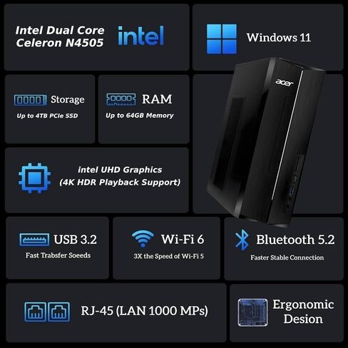 acer 2025 Aspire Business Desktop, Ultra-Quiet Design, 16GB Memory 512GB PCIe SSD, Intel Processor, Dual 4K Monitor Support, SD Card Reader, USB-C, Keyboard & Mouse, Windows 11 in Kuwait
