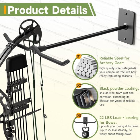 Bow Wall Hanger for Compound/Recurve Bows - Heavy Duty Steel Compound Bow Rack Wall Mount, 22LBS Capacity Recurve Bow Rack for Wall with Composite Padding, 2 Bow Vertical Storage Archery Bow Holder in Saudi Arabia