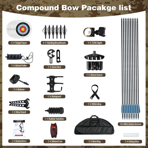 Compound Bow and Arrow Set for Adults 30-65LBS Draw Weight, Ready to Hunt, Archery Hunting Bows 19.5"-30.5" Draw Length, Limbs Made in US in Saudi Arabia