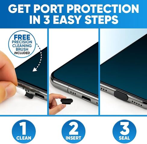 PortPlugs Dust Plug Bundle Set – 20 Anti-Dust Plugs with 2 Cleaning Brushes – Compatible with iPhone Lightning, USB-C, Android Devices – Black in Saudi Arabia