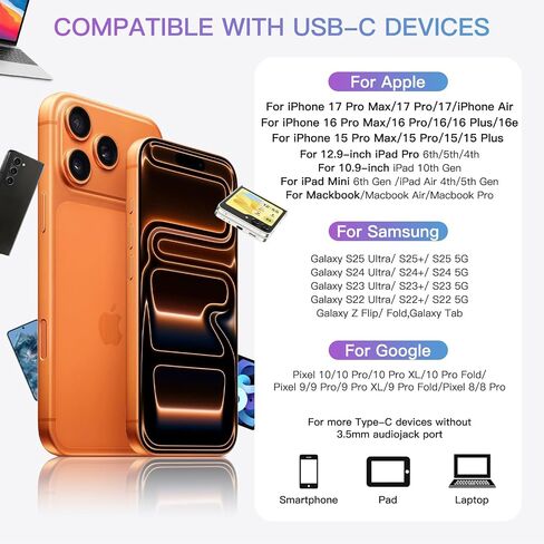 سماعات رأس USB C لهاتف iPhone 17/16/15 - سماعات أذن سلكية لهاتف i Phone Type C مع ميكروفون وجهاز تحكم عن بعد وإلغاء الضوضاء لهاتف iPhone 15/16e/17 Air Pro Max/لجهاز iPad Pro[عبوتان] in Kuwait
