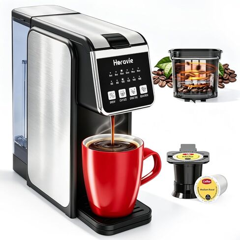 Horavie Single Serve Coffee Maker with Built-in Grinder, Fast Brew 6-16oz Single Cup for Whole Beans, Grounds, K Pod, Grind and Brew Coffee Maker with 47oz Water Tank, Descaling Alert, Black in Saudi Arabia
