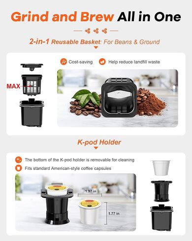Horavie Single Serve Coffee Maker with Built-in Grinder, Fast Brew 6-16oz Single Cup for Whole Beans, Grounds, K Pod, Grind and Brew Coffee Maker with 47oz Water Tank, Descaling Alert, Black in Saudi Arabia